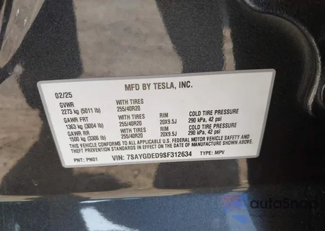 2025 Tesla Model Y Long Range Dual Motor All-Wheel Drive from USA, damaged, VIN 7SAYGDED9SF312634